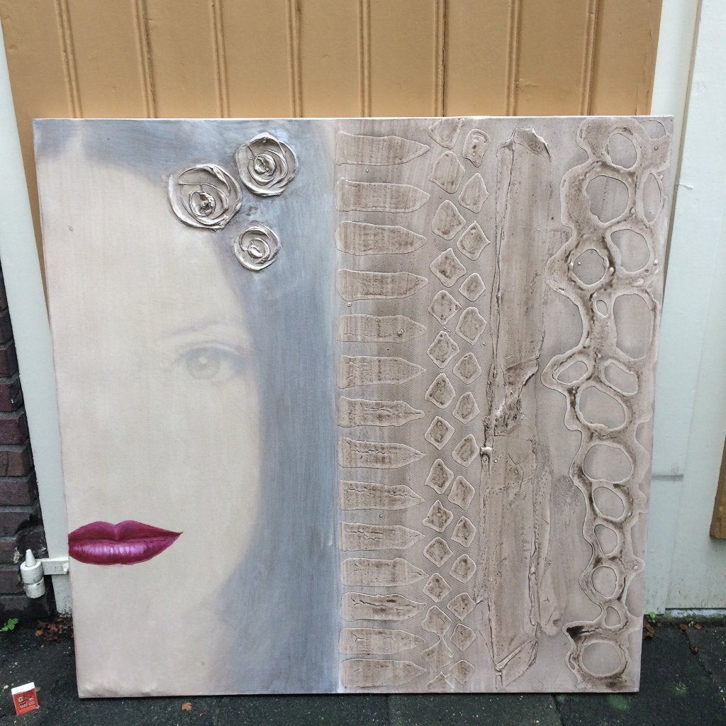 vrouw rode lippen kus zoen modern groot vierkant schilderij, Schilderij, 100 cm, Ophalen of Verzenden, Zo goed als nieuw