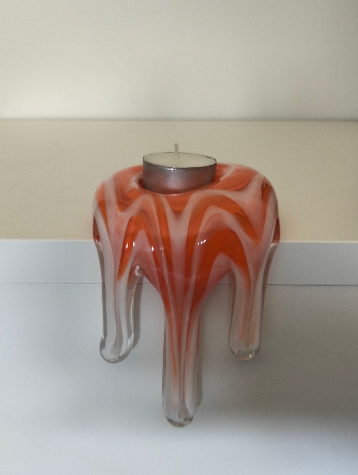 Unieke oranje-witte glazen waxinelichthouder, Overige merken, Waxinelichthouder, Oranje, Ophalen of Verzenden