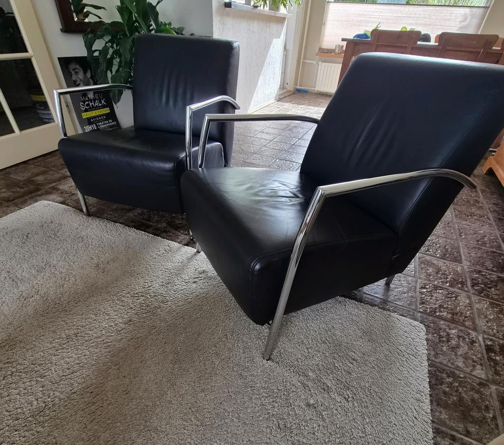 Zwart leren fauteuils met chromen frame, Ophalen of Verzenden, 75 tot 100 cm, 50 tot 75 cm