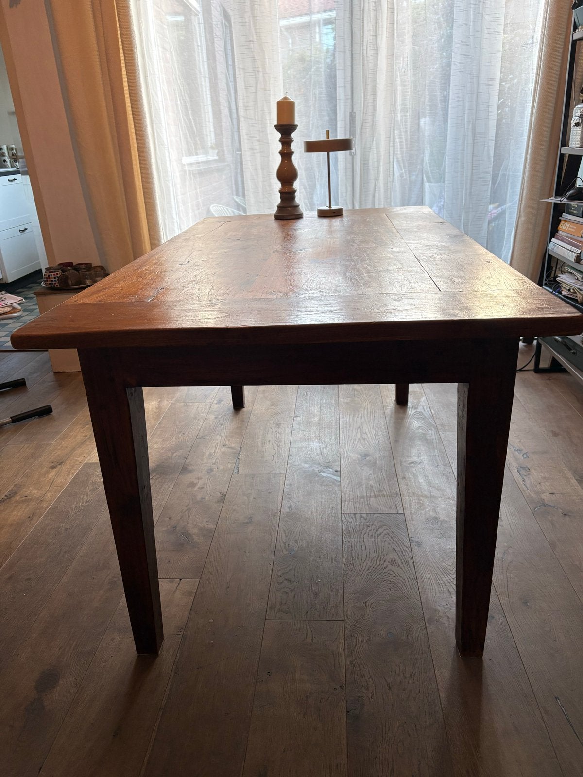 Rustieke houten eettafel met lades, Ophalen, Gebruikt, Teakhout, 50 tot 100 cm