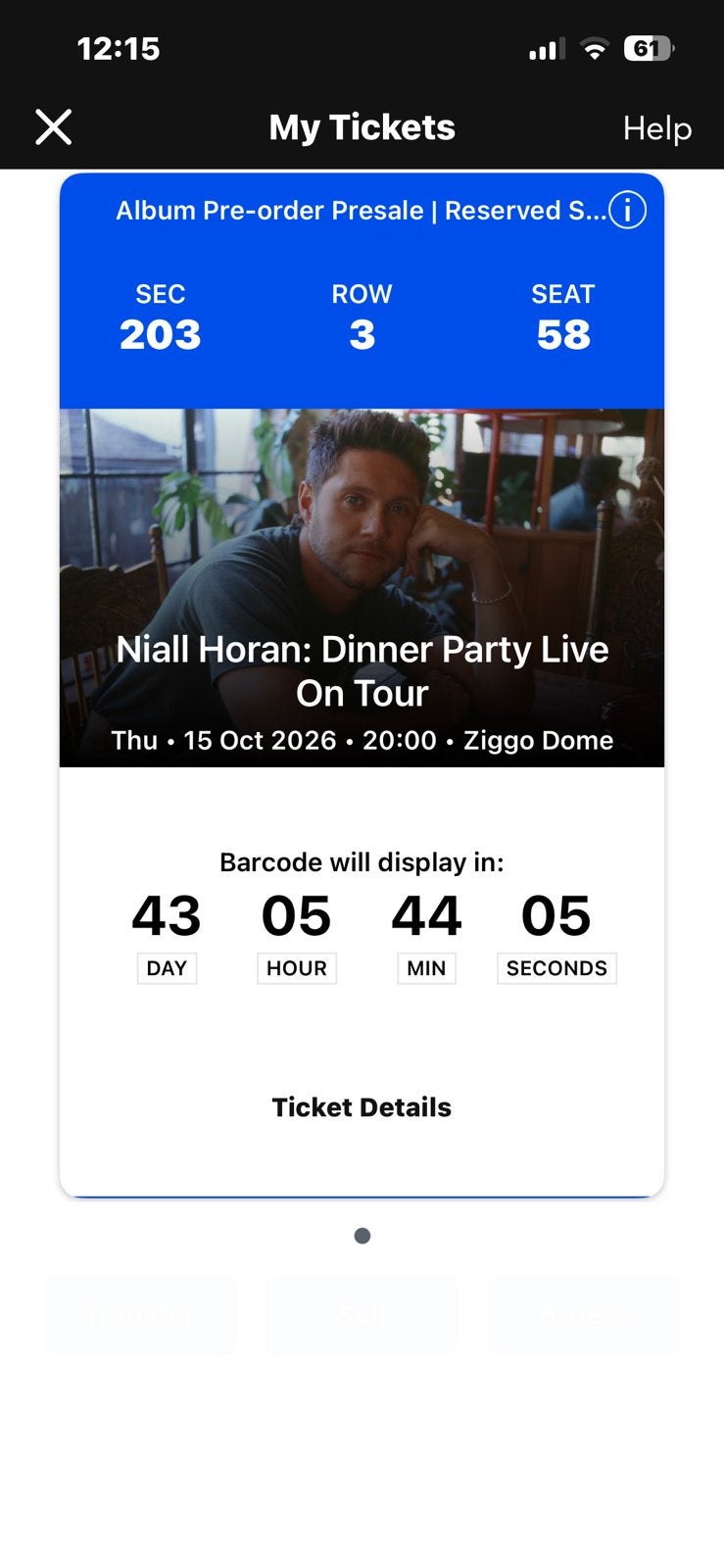 1x Niall Horan - Dinner Party Live On Tour | ZITPLAATS, Eén persoon, Oktober