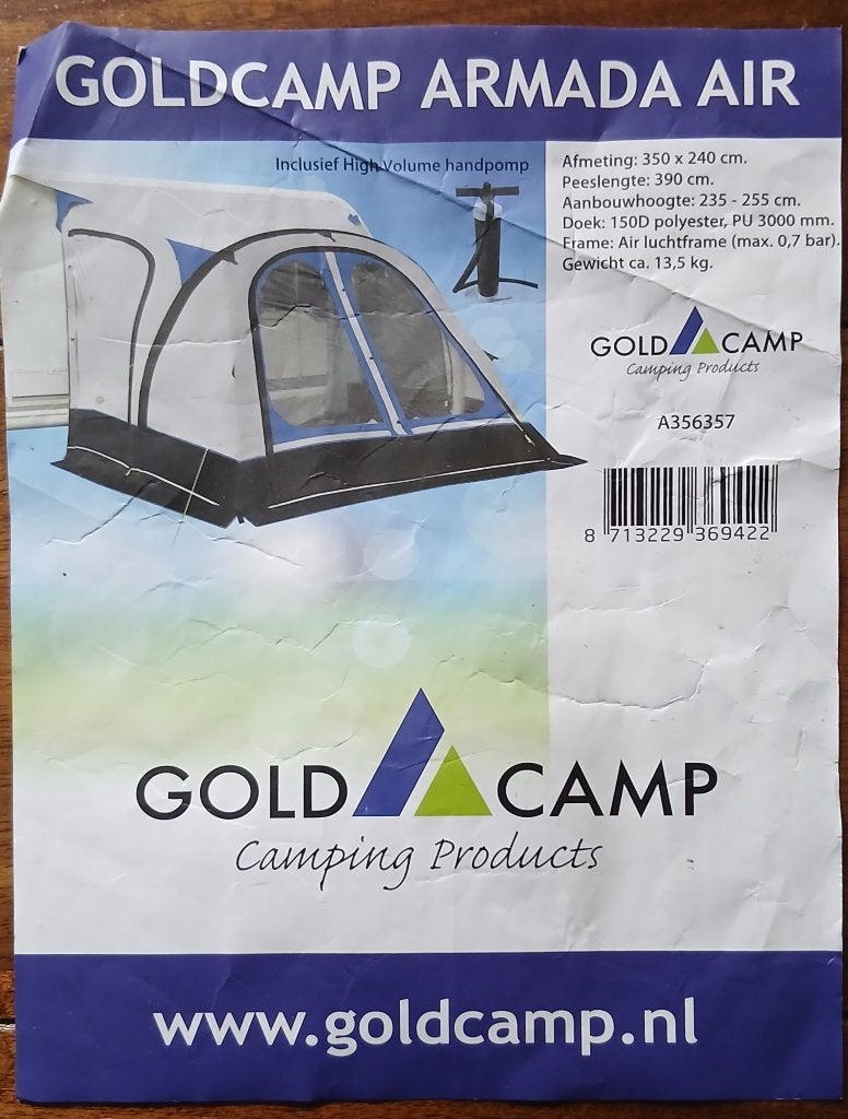 Goldcamp Armada Air 390 opblaasbare caravanvoortent, Caravans en Kamperen, Ophalen, Zo goed als nieuw, Polyester, Overige merken