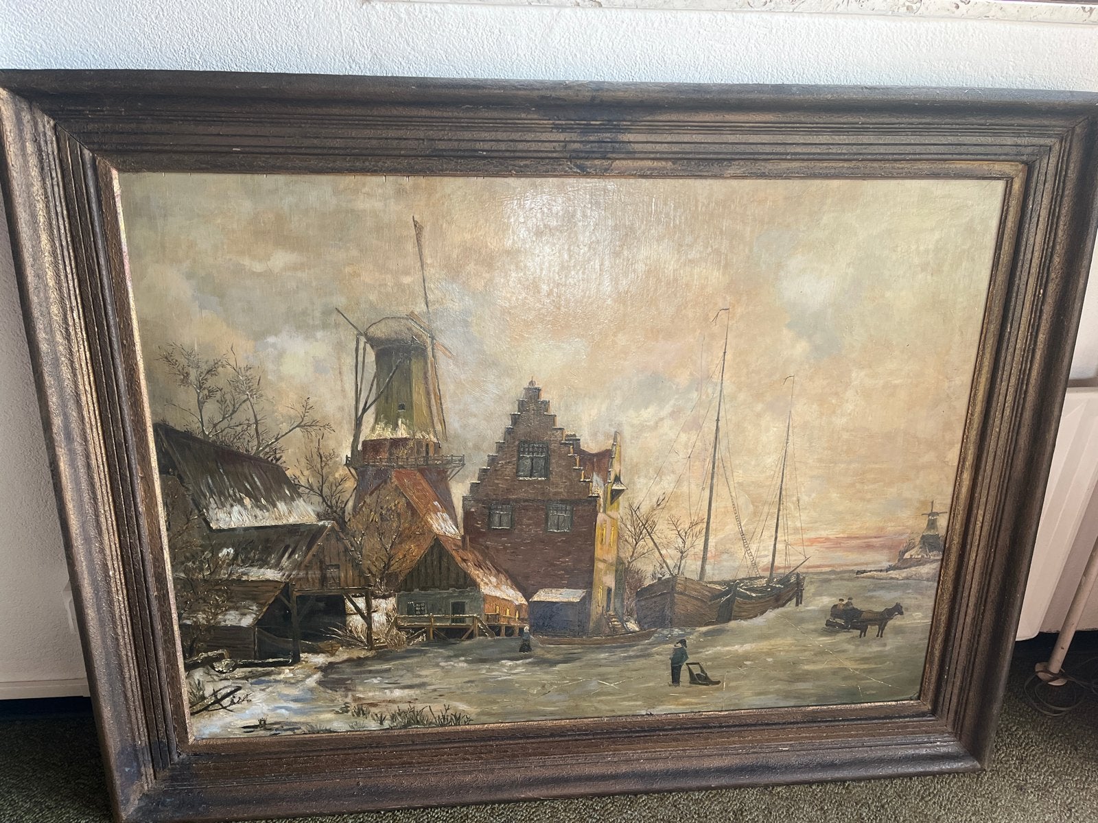 Oud Hollands winterlandschap met molen en schaatsers, Antiek en Kunst, Ophalen, Doek, Oud hollands, Gesigneerd