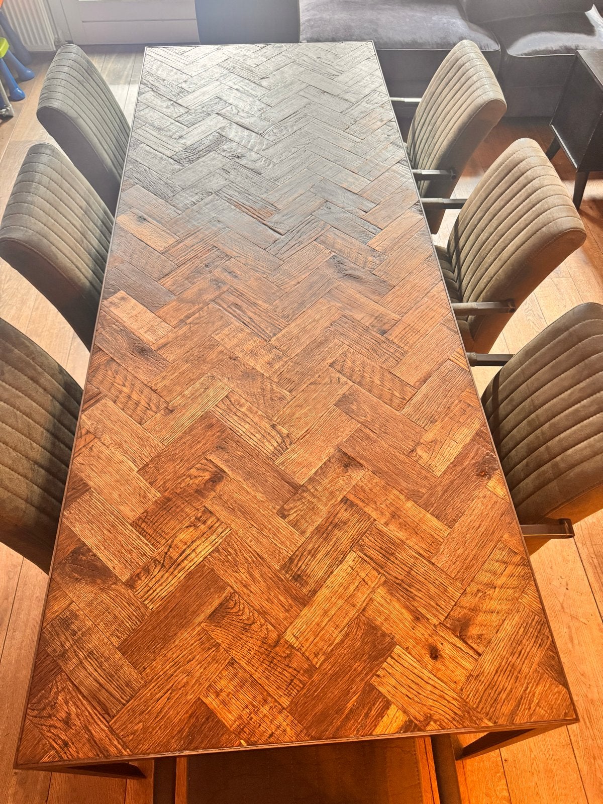 Eettafel met 8 stoelen, Huis en Inrichting, Ophalen, Gebruikt, Bruin, Stof