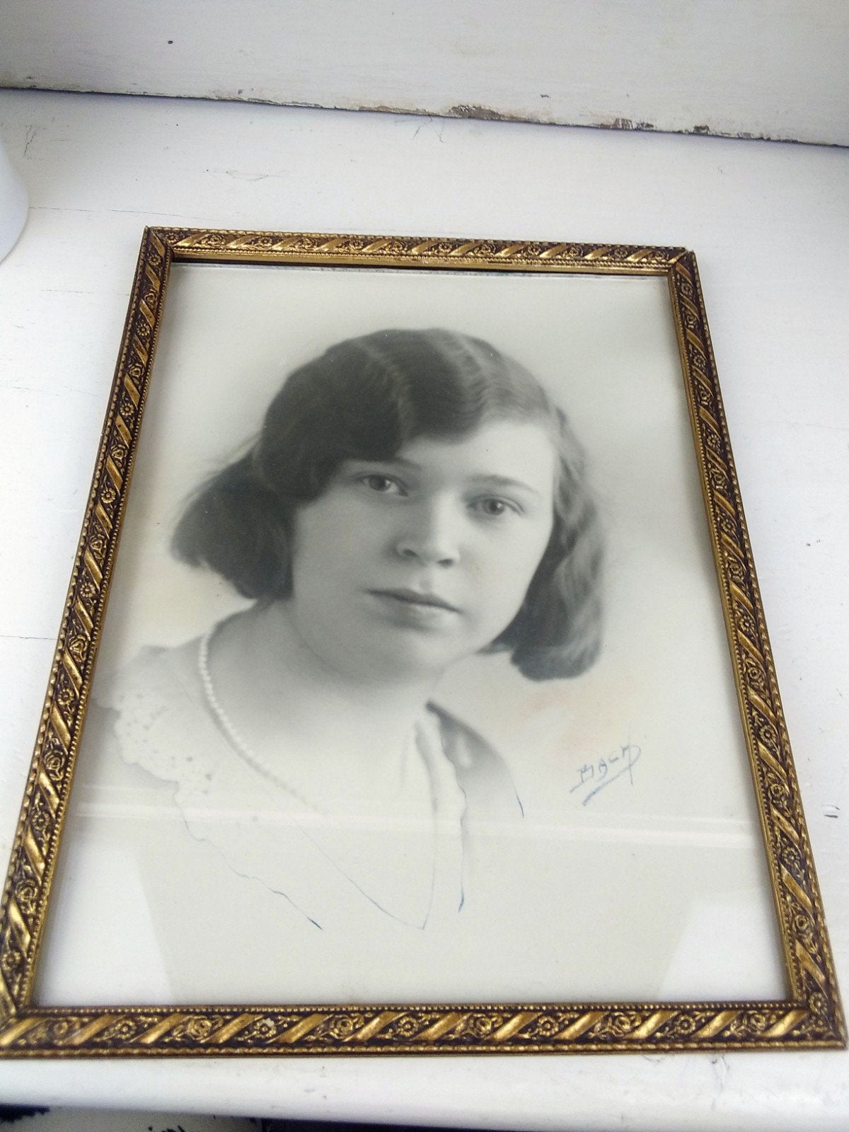 Oud prentje in gouden lijst - Vintage portret, Ophalen of Verzenden, Foto, Fotografie, Ingelijst