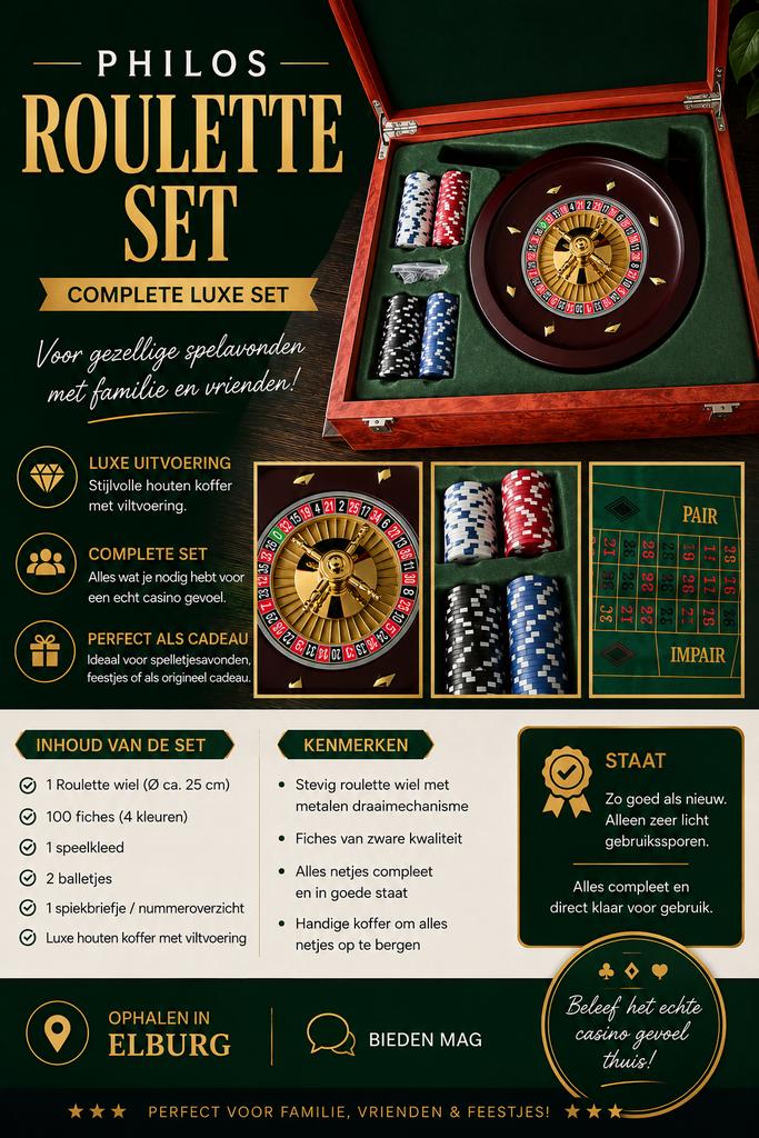Philos Roulette Set – Nieuw & compleet – houten kist, Drie of vier spelers, Ophalen of Verzenden, Zo goed als nieuw