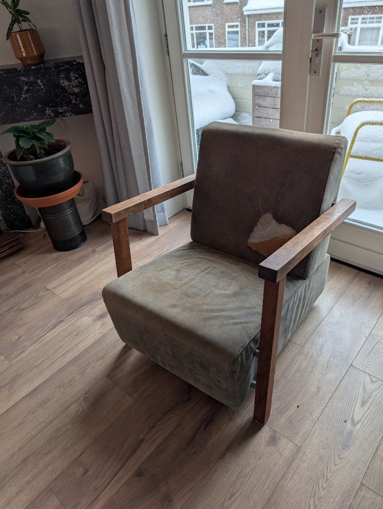 Fauteuil nubuck/leder bekleed., Huis en Inrichting, Fauteuils, Ophalen, Gebruikt, 75 tot 100 cm, Leer