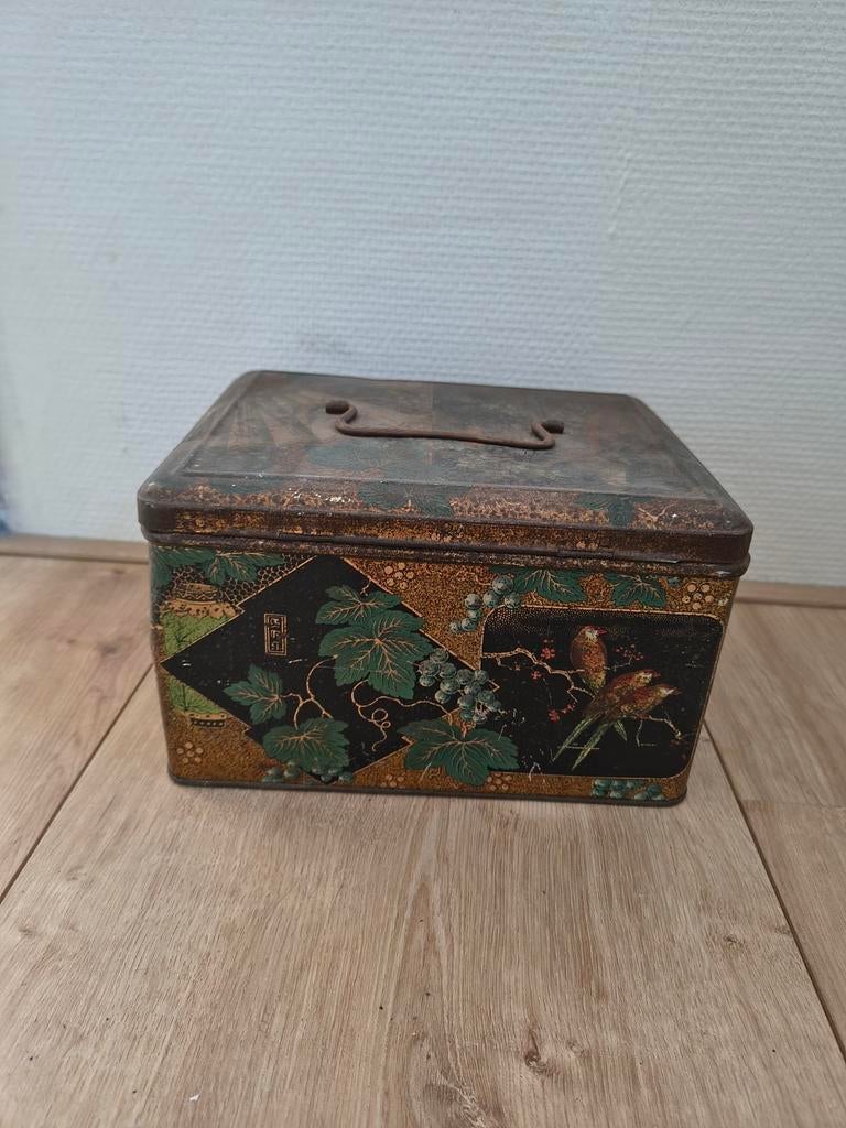 Prachtig antiek Chinees theeblik Bekkers & Zoon. Vogel,druif, Ophalen of Verzenden, Gebruikt, Thee, Overige merken