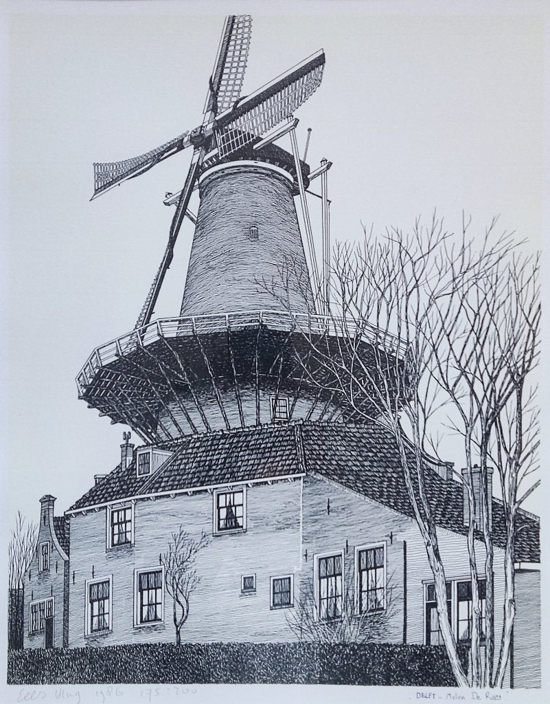 Sees Vlag (1934-2018) - Delft - Molen de Roos (#175), Linosnede, Gelimiteerde oplage, Overige onderwerpen, Ophalen of Verzenden
