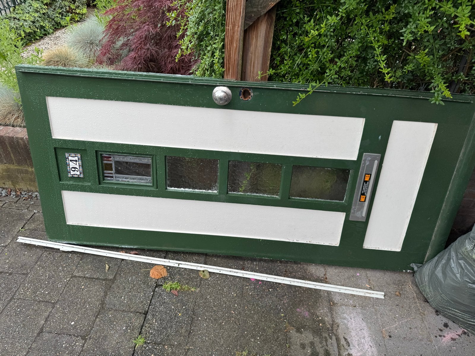Groene jaren 30 buitendeur met glas in lood, Doe-het-zelf en Verbouw, Deuren en Horren, Ophalen, Gebruikt, 80 tot 100 cm, Buitendeur