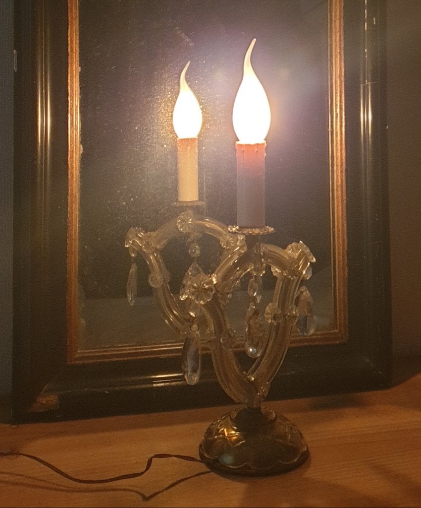 Vintage kristallen tafellamp., Goud, E14 (klein), 35 cm, Ophalen of Verzenden