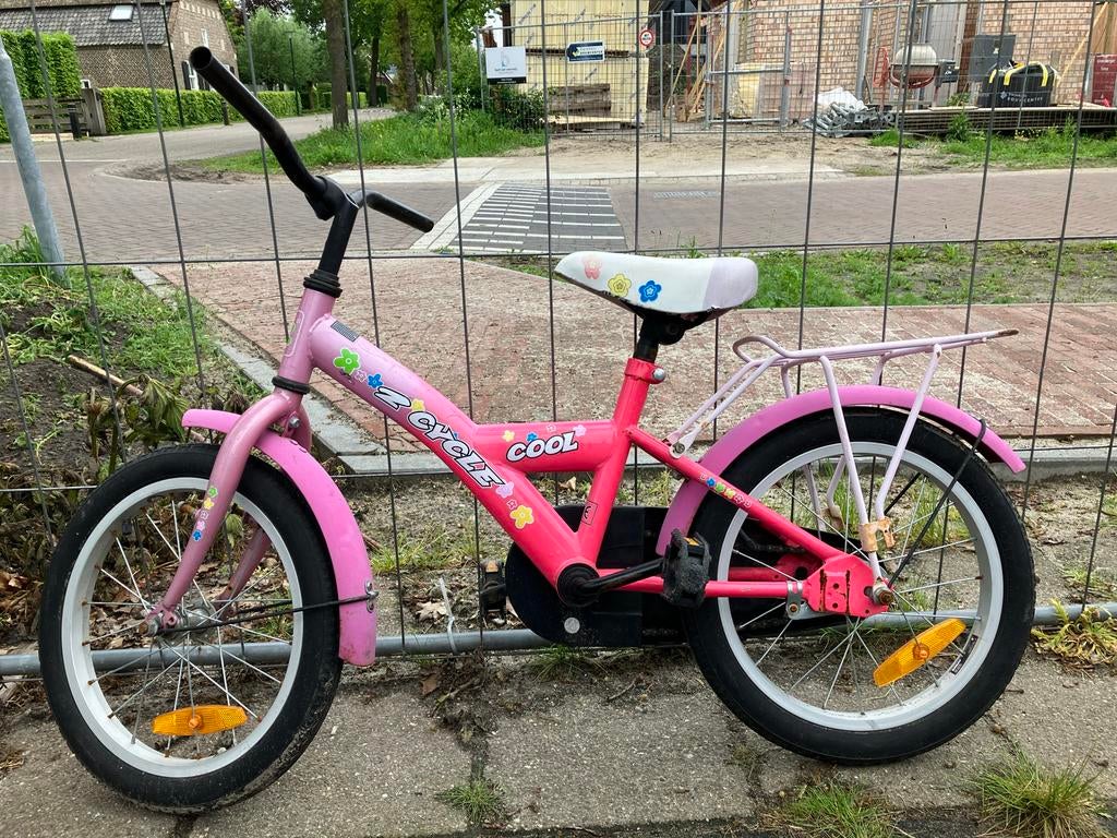 Roze kinderfiets met zijwieltjes - 16 inch, Ophalen, Gebruikt, Terugtraprem, 16 inch