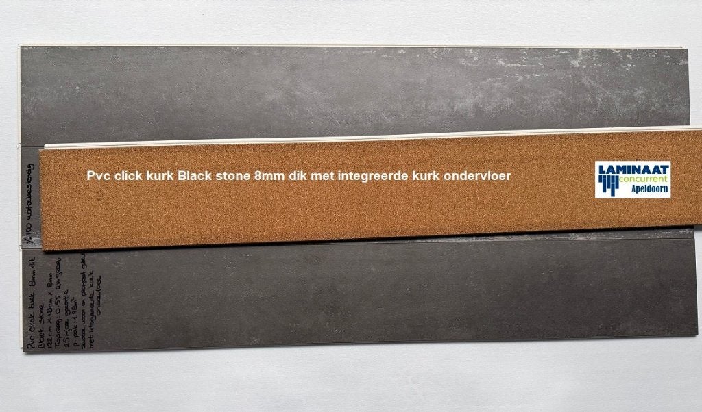 8mm dik Pvc klik Black Stone met integreerde kurk ondervloer, 75 m² of meer, Pvc click kurk 8mm dik Black sone met kurk ondervloer