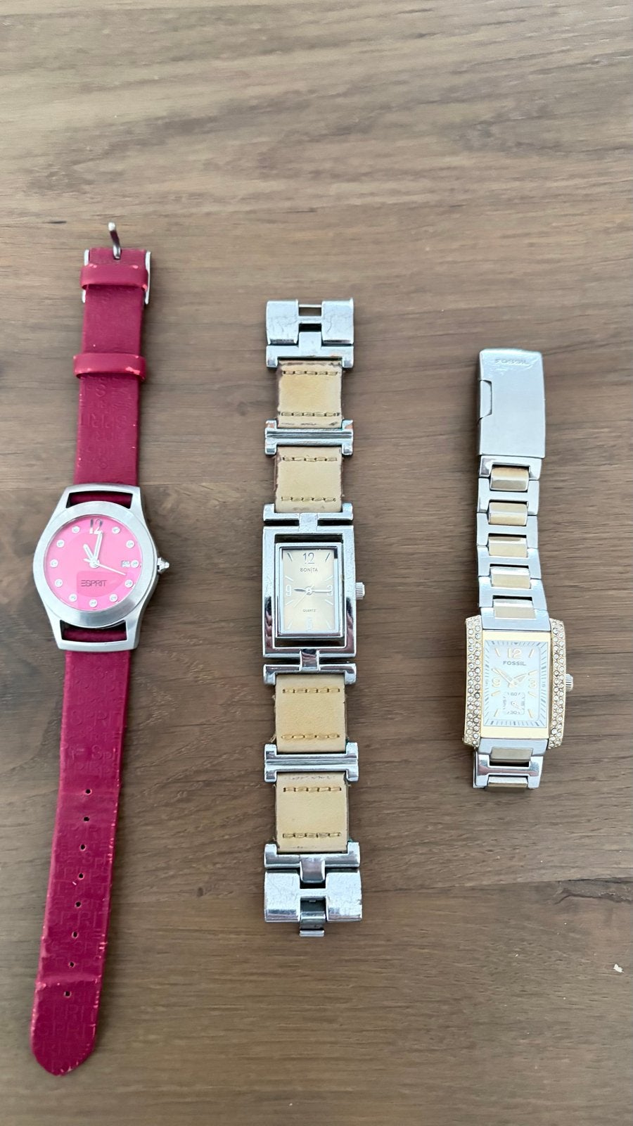 Drie horloges: Merk Esprit, Bonita, Fossil (ook los te koop), Staal, Ophalen of Verzenden, Met strass, Leer