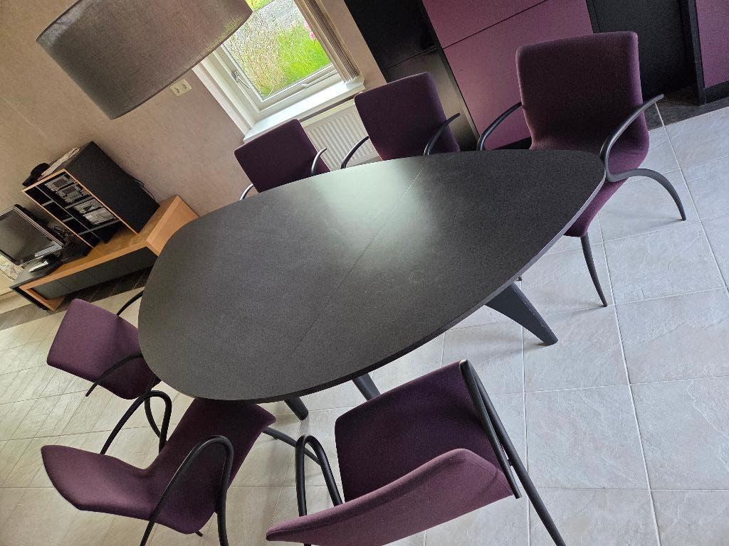Ovale inklapbare eettafel met 6 gestoffeerde stoelen, Huis en Inrichting, Tafels | Eettafels, Ophalen, Gebruikt, Modern klassiek