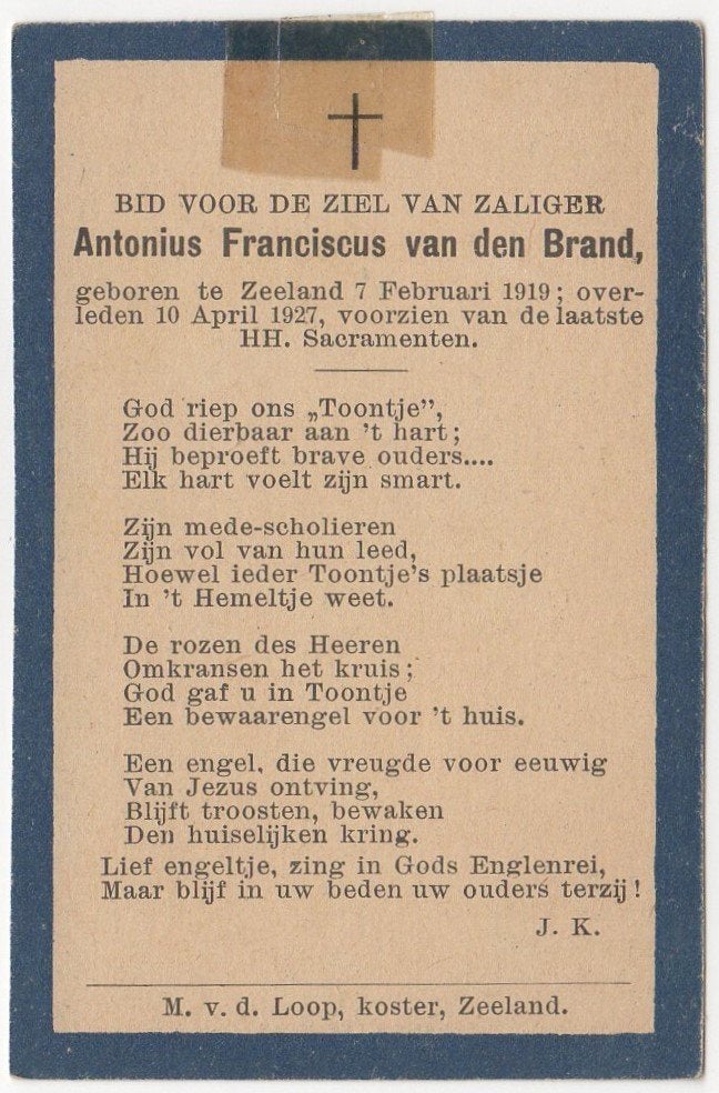 Antonius Fr. van den Brand 1919 Zeeland + 1927 Zeeland, 8 jr, Ophalen of Verzenden