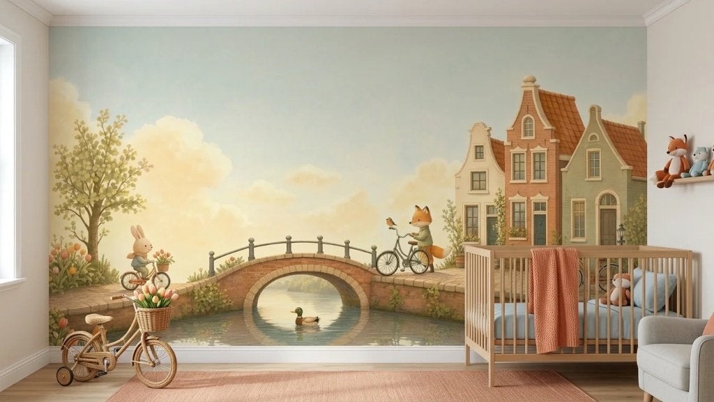 Behang kinderkamer – fietsende dieren bij grachtbrug op maat, Overige merken, Blauw, Ophalen of Verzenden, Fotobehang