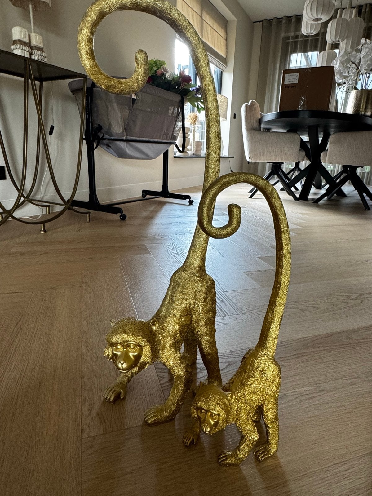 Set van 2 gouden apen beelden - decoratie, Ophalen, Gebruikt, Kunststof, Goud