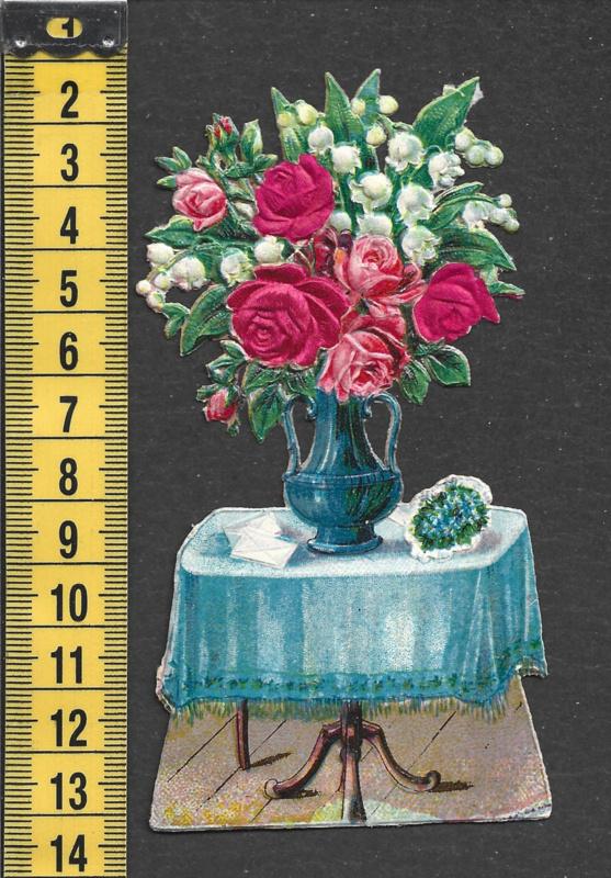 Bloemenvaas op tafel antiek poezieplaatje met zijde (748), Ophalen of Verzenden