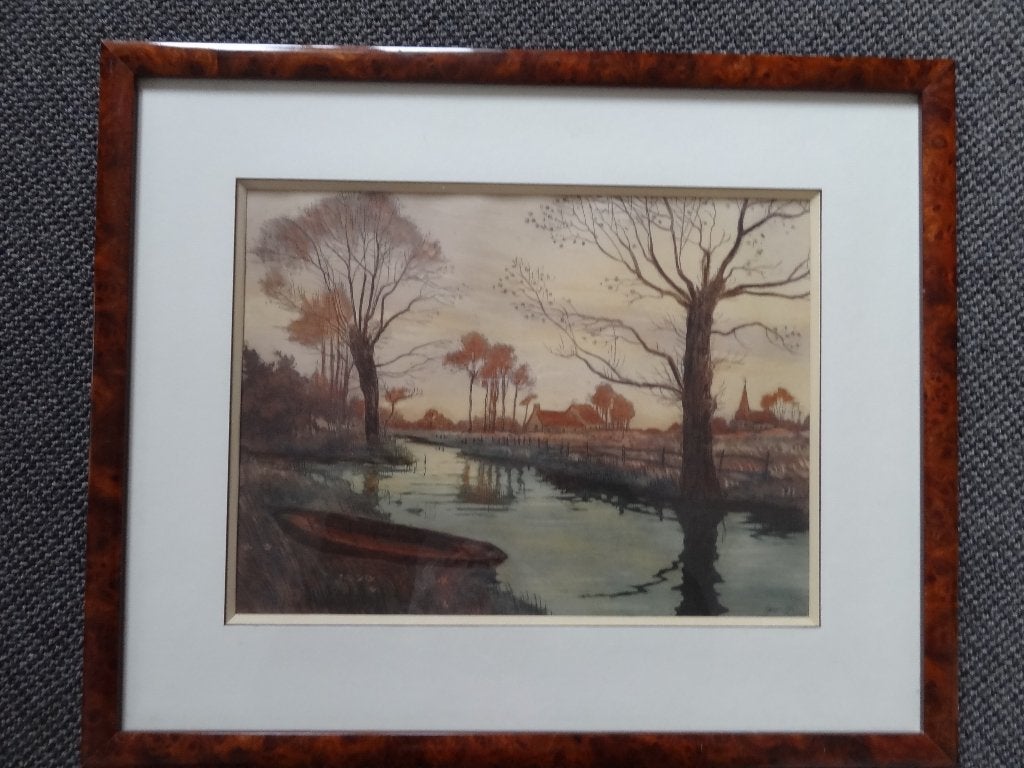 Landschap met riviertje, bomen, kerk, roeiboot, gesigneerd, Verzenden