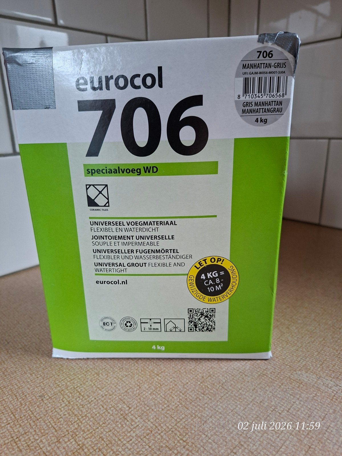 Eurocol speciaalvoeg 706 Manhatten grijs 3,5 kg., Doe-het-zelf en Verbouw, Tegels, Ophalen, Wandtegels, Minder dan 20 cm, Minder dan 5 m²