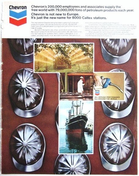 14 vintage advertenties reclames Chevron 1969-81 station, Ophalen of Verzenden, Gebruikt, Overige typen