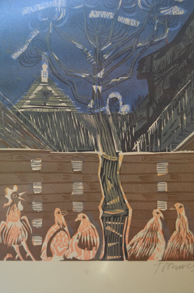 Litho/zeefdruk 'kippen en haan op de boerderij' gesign. gen., Antiek en Kunst, Kunst | Litho's en Zeefdrukken, Met passe-partout