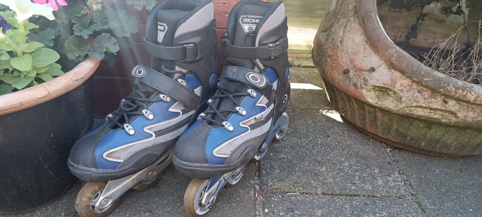 Skeelers maat 45 met knie-, elleboog- en handbescherming, Ophalen, Gebruikt, Heren, Inline skates 4 wielen