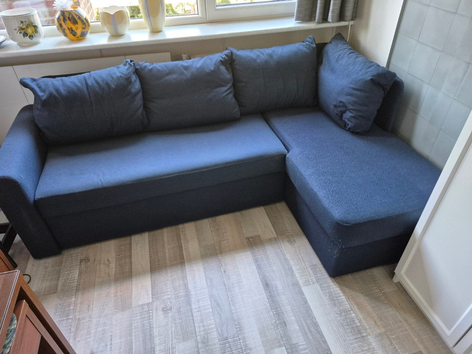 Blauwe 3-zits Ikea bedbank met opbergruimte, Ophalen, Gebruikt, 125 tot 150 cm, Driepersoons
