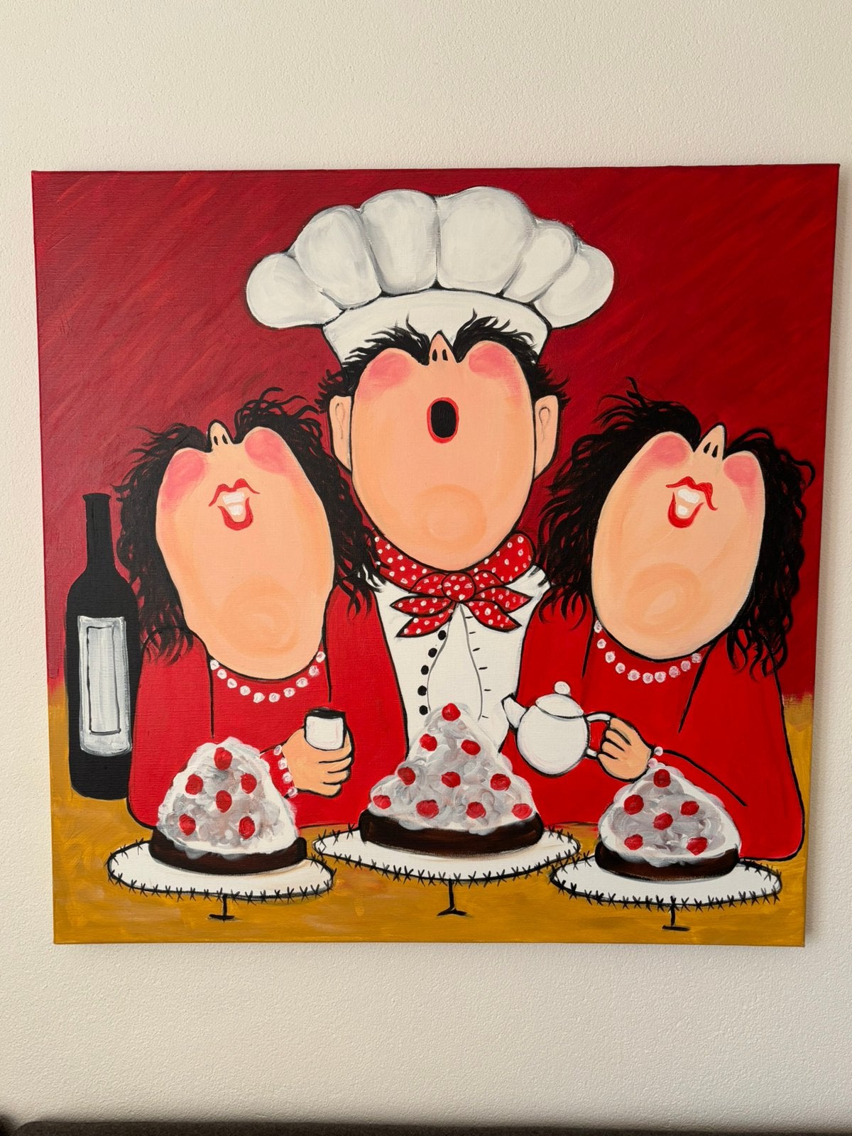 Olieverf schilderij taart eten, Figuren, Op houten frame, Ophalen of Verzenden, Olieverf