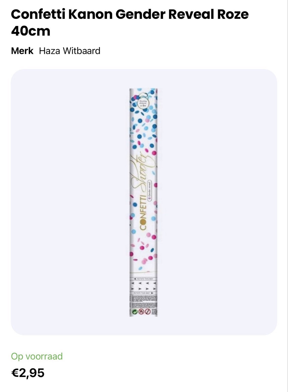 2 stuks Confetti Kanon Gender Reveal Roze 40cm lengte, Ophalen of Verzenden, Nieuw
