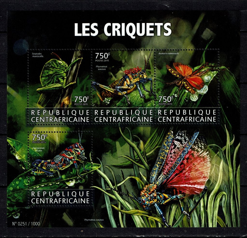 C.AFRIKA 2015 PF BLOK SPRINKHANEN INSECTEN INSECTS 2, Ophalen of Verzenden, Postfris, Dier of Natuur