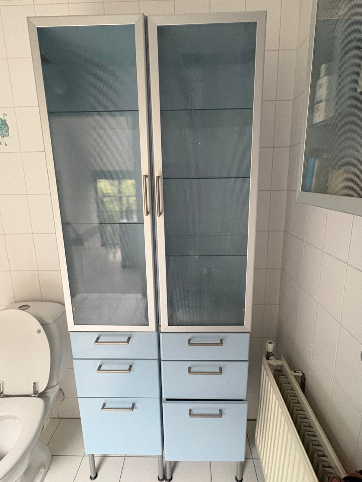 Blauwe badkamerkasten, Huis en Inrichting, Badkamer | Badkamermeubels, Ophalen, (Half)hoge kast, Minder dan 50 cm, Gebruikt