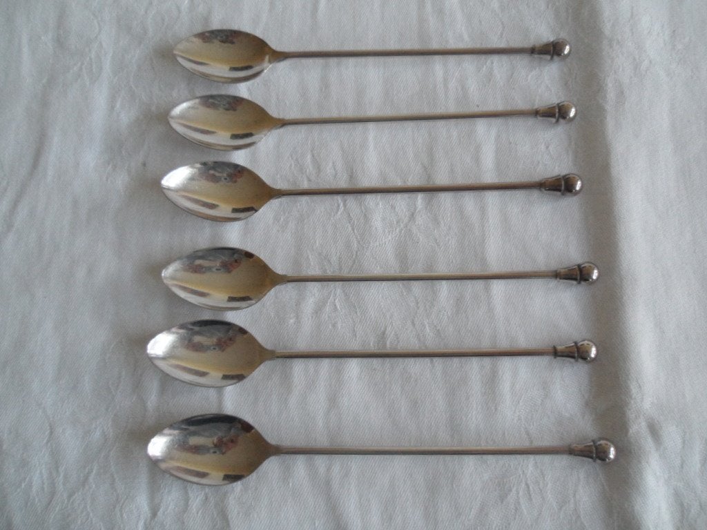 Set 6 verzilverde koffielepels lang model met rond knopje, Gebruikt, Ophalen of Verzenden, Rvs of Chroom, Los bestek