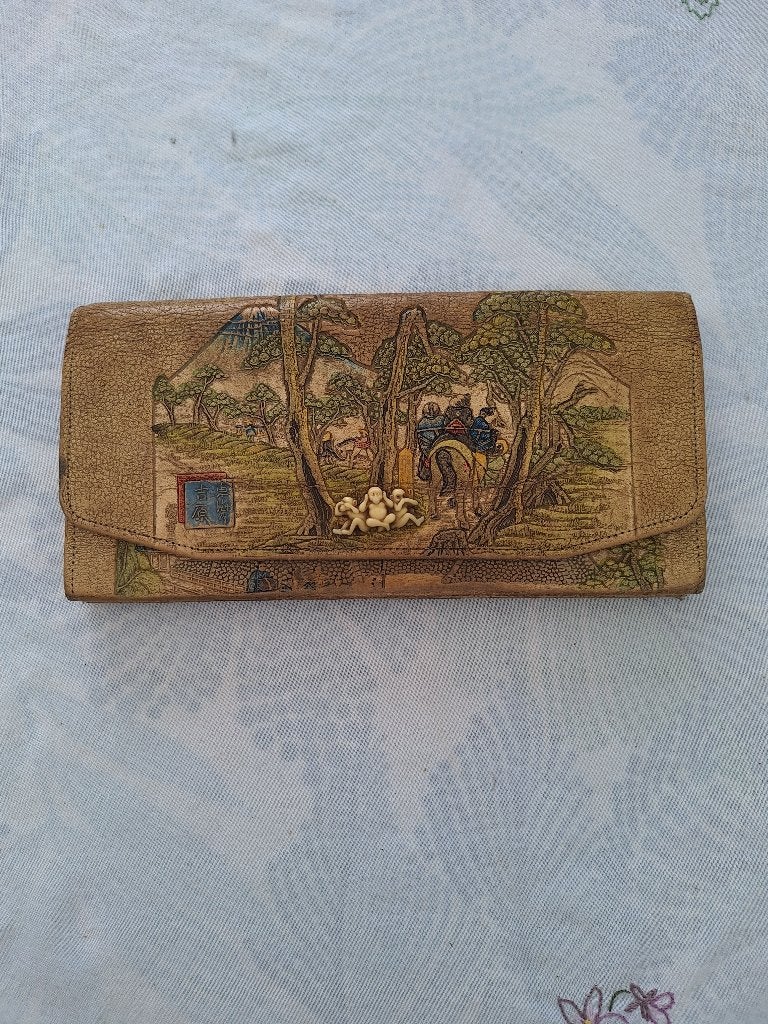 Vintage handbeschilderde leren portemonnee, gebroken spiegel, Overige merken, Gebruikt, Bruin, Ophalen of Verzenden