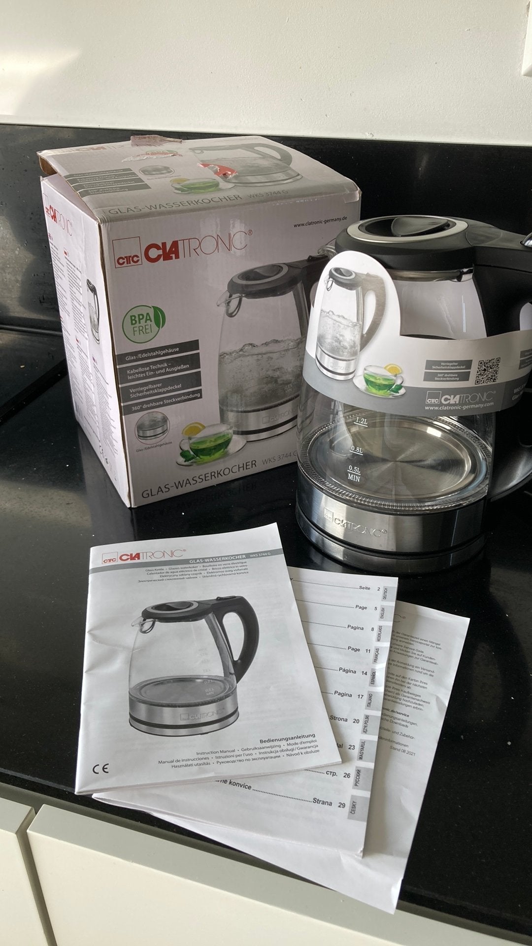 NIEUW Waterkoker draadloos glas Clatronic WKS 3744 G, Witgoed en Apparatuur, 1 tot 2 liter, Ophalen of Verzenden, Nieuw, Draadloos