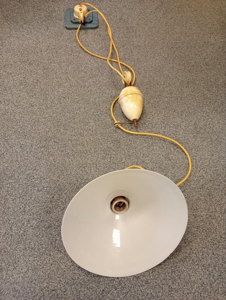 Vintage industriële hanglamp met porseleinen fitting, Antiek en Kunst, Ophalen of Verzenden