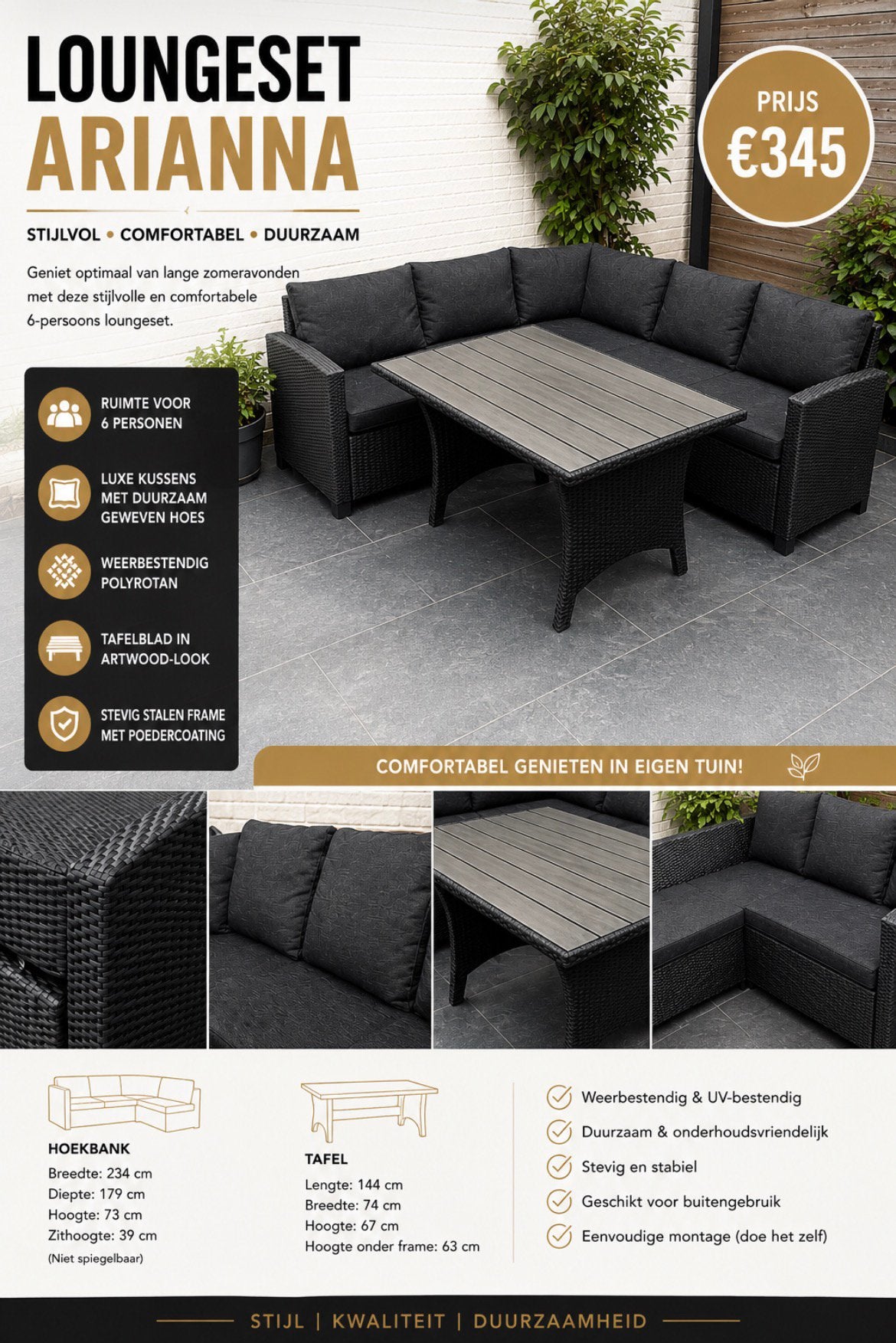 Loungeset Arianne, Ophalen, Overige materialen, 6 zitplaatsen, Zo goed als nieuw