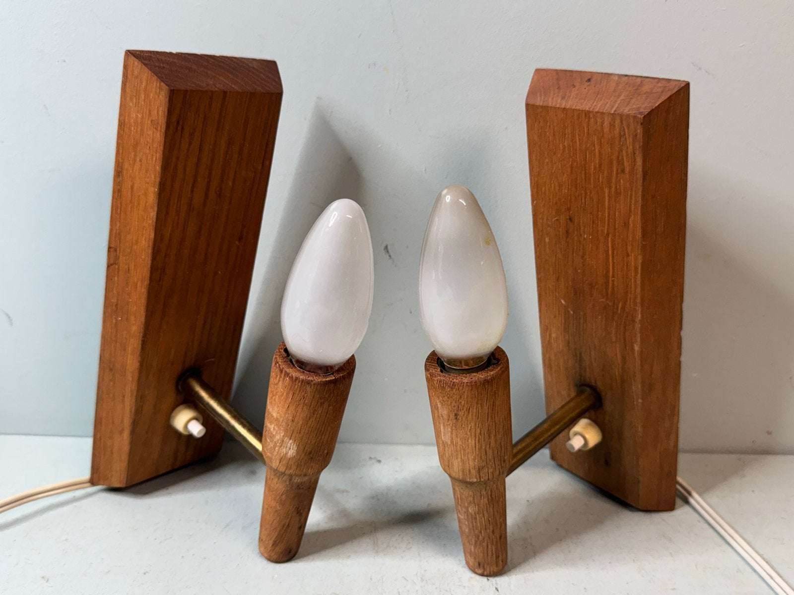 Vintage Deens design teak houten wandlampen set, Ophalen of Verzenden