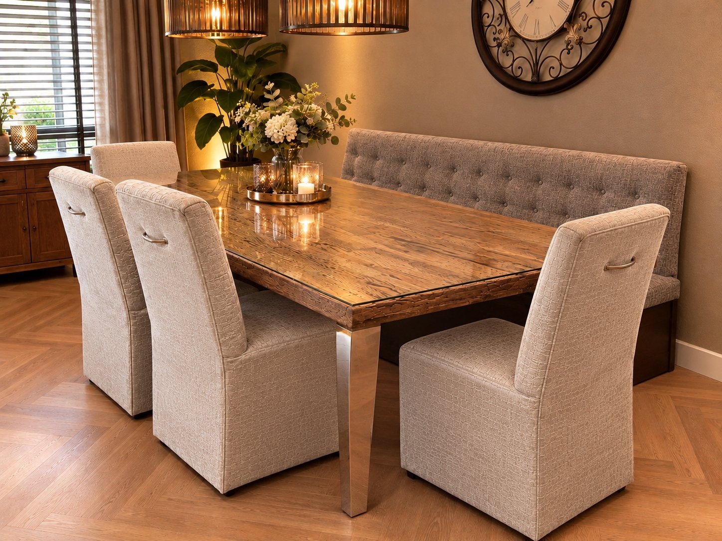 Mooie Eettafel met 4 Stoelen en grote Bank, Ophalen, Gebruikt, 100 tot 150 cm, 200 cm of meer