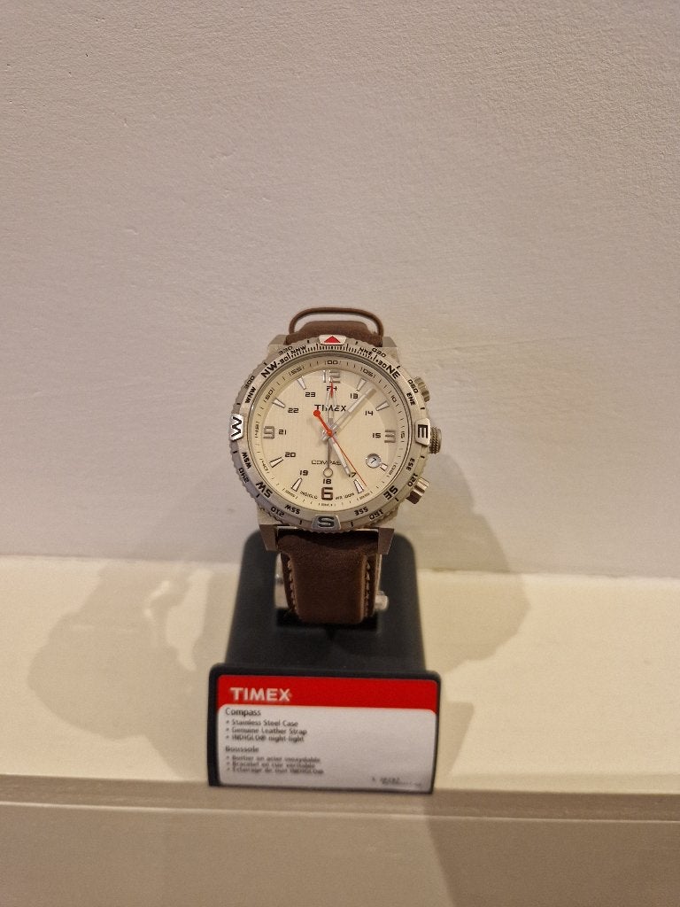 Timex iq compass horloge met leren band, Sieraden, Tassen en Uiterlijk, Horloges | Heren, Overige merken, Leer, Staal, Polshorloge