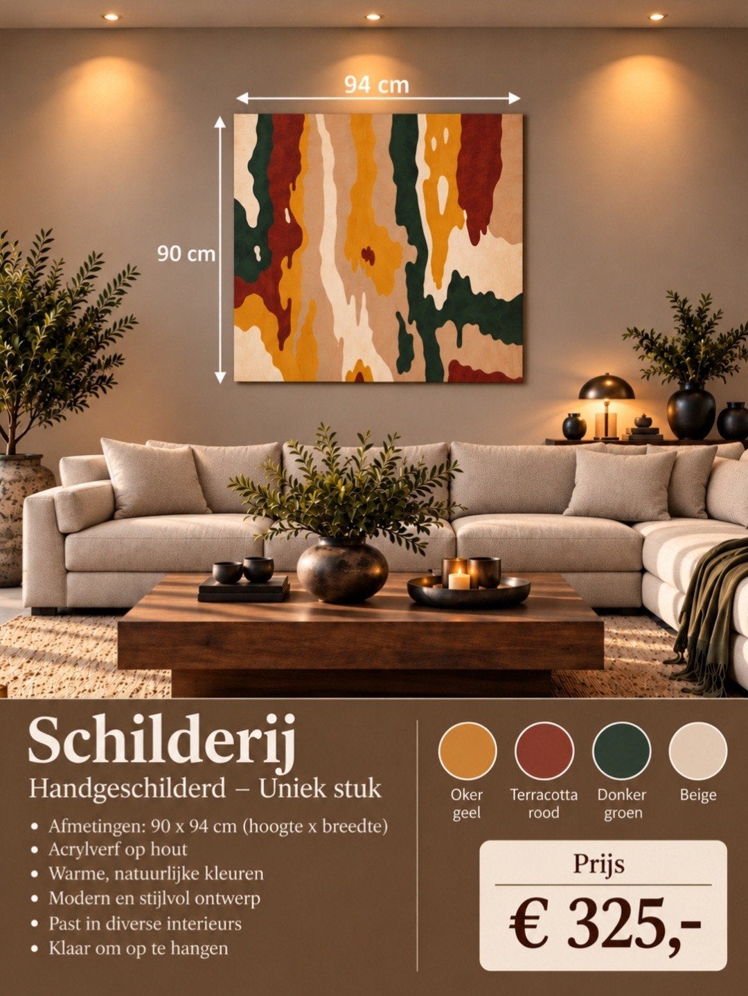Handgeschilderd kunstpaneel  Sandy Beach Tones  (90x94), Ophalen, Abstract, Acrylverf, Hout