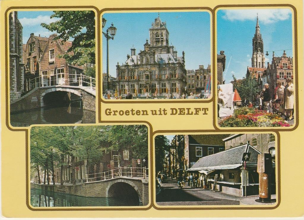 DELFT Brug Stadhuis Visbank Bloemenmarkt Groeten, Verzenden, 1980 tot heden, Gelopen, Zuid-Holland