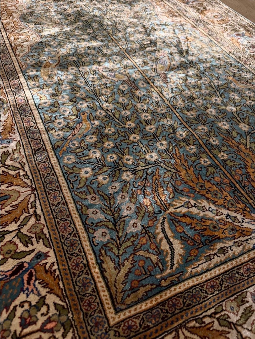 Handgeknoopt zijden Kayseri tapijt, Huis en Inrichting, Stoffering | Tapijten en Kleden, 100 tot 150 cm, Blauw, Ophalen of Verzenden