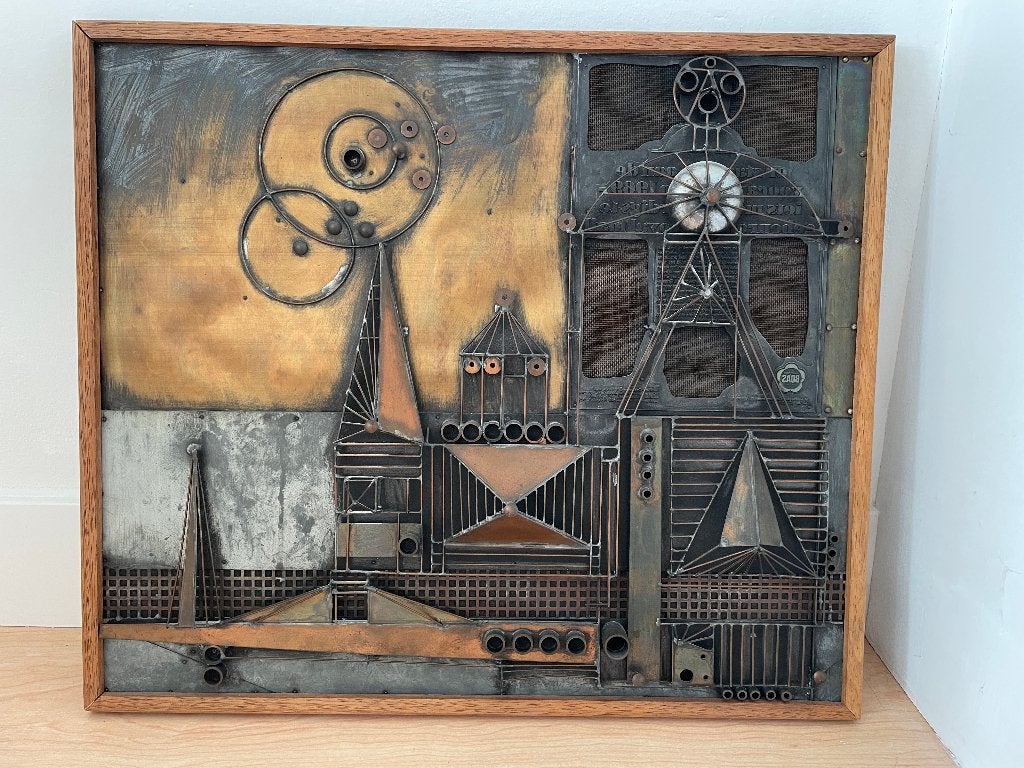 Brutalistisch Metaalplastic 'Stadsgezicht' van Willem Hopman, Ophalen, 1950 - 1999, 48 cm, 56 cm