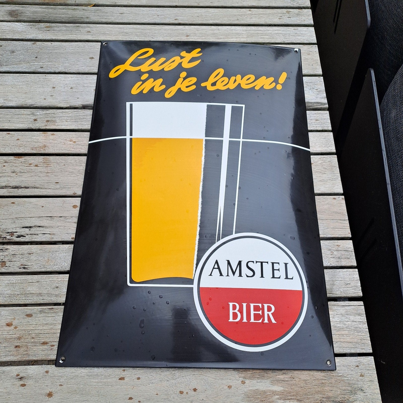 Lust in je leven - Amstel bier emaille reclamebord, Ophalen of Verzenden, Zo goed als nieuw, Reclamebord