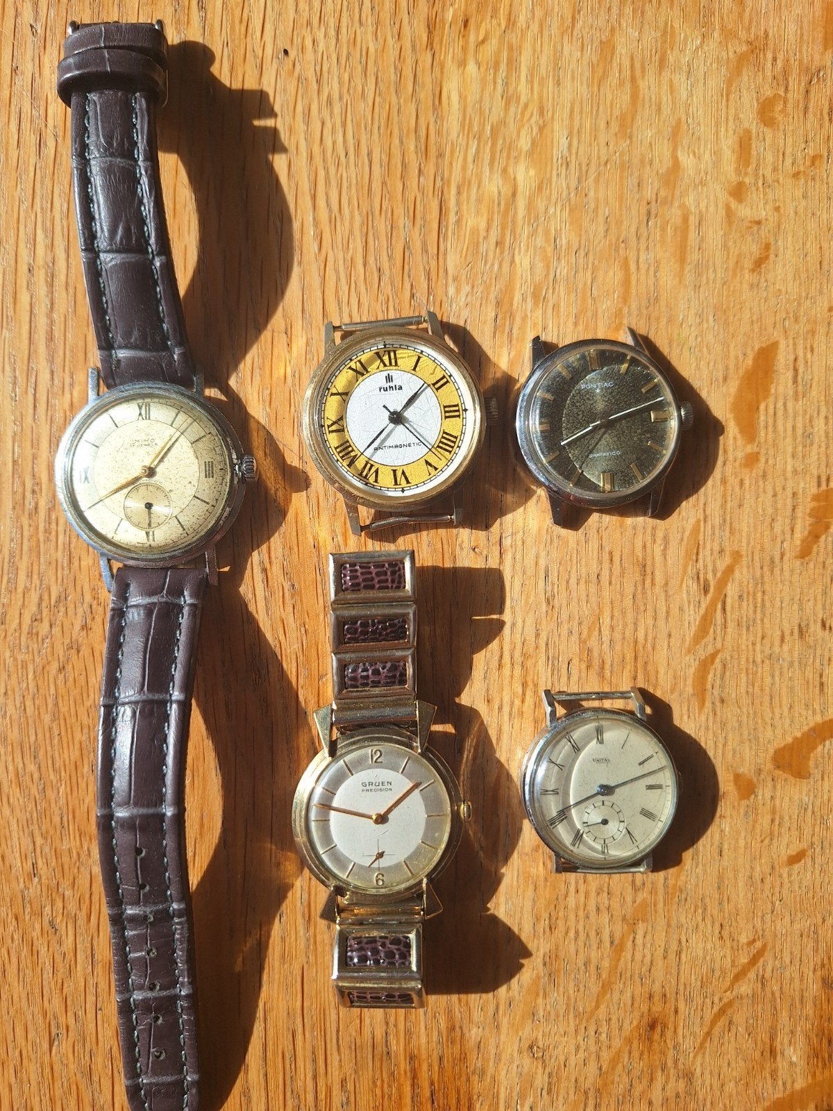 5 vintage polshorloges, Gruen, Pontiac, Mimo, Unitas, Ruhla, Overige merken, Staal, Polshorloge, 1930 tot 1960