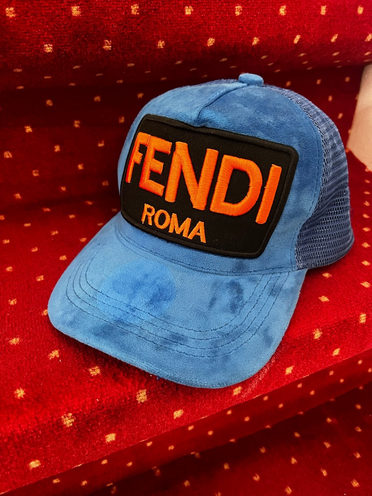 Fendi Roma Trucker Cap - Blauw met Oranje Logo, Kleding | Heren, Ophalen of Verzenden, Gedragen, One size fits all, Pet