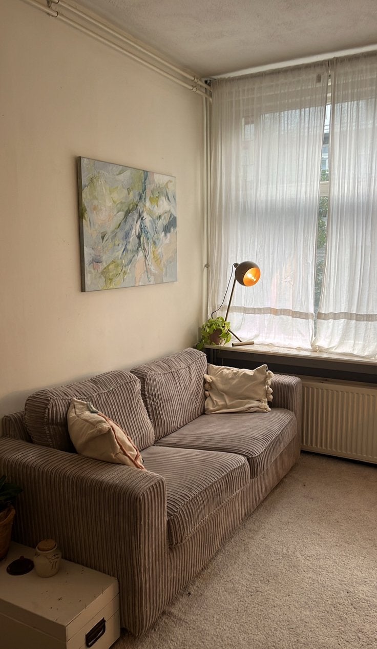 Comfortabele grijze ribstof bank, Huis en Inrichting, Banken | Bankstellen, Ophalen, Gebruikt, Driepersoons, 75 tot 100 cm