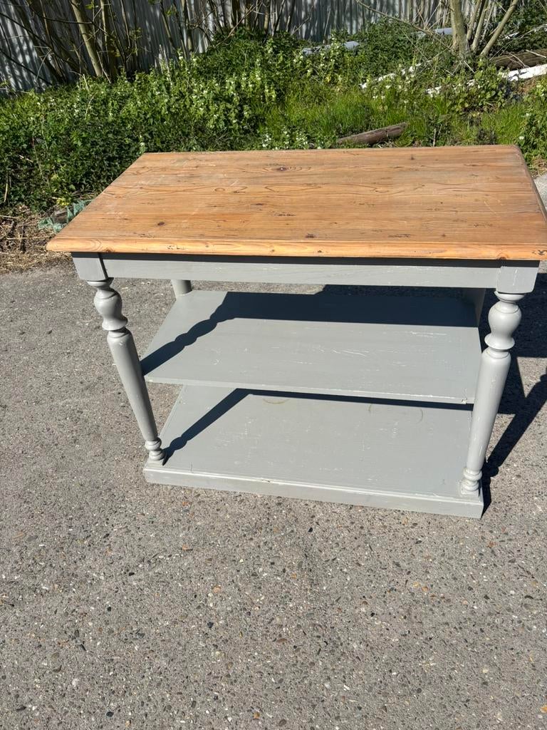 Tafel grojs met houten blad, Ophalen, Gebruikt, 100 tot 150 cm, 50 tot 100 cm